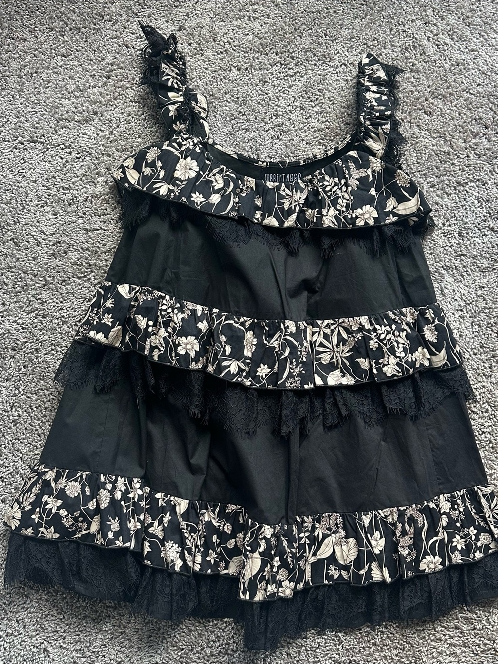 Dolls Kill Black Dress with Cream Floral Ruffles